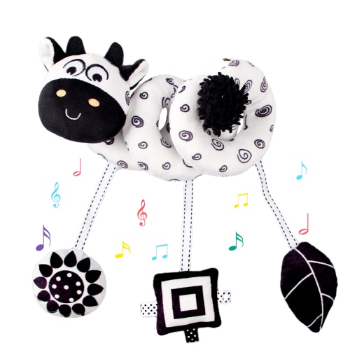 RoamReady Baby Car Seat Toy, Black and White High Contrast Stroller Plush Rattles Toy, Cow