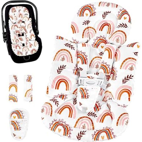 Pea Pod Infant Car Seat Insert with 3 Strap Covers, 3 in 1 Reversible Rainbow Baby Car Seat Head Support for Newborn, 3D Soft Minky Carseat Cushion for Preemie to Infant, Stroller, Swing, Bouncer