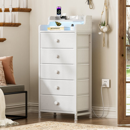 Rebrilliant Saroun 5 - Drawer Dresser With 2-Tier Open Shelf, Dresser With Power Outlet & LED, 40.2"H Dresser For Bedroom & Reviews | Wayfair