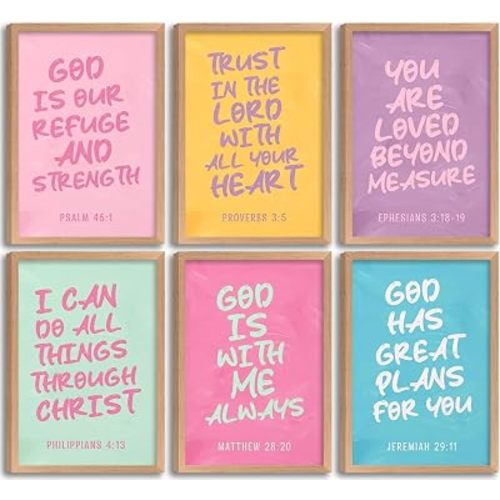 Christian Nursery Canvas Wall Art Set of 6 Kids Bible Verses Inspirational Quotes Painting Picture Wall Decor Scriptures Religious Poster Print Artwork for Kids Girls Room Bedroom Decorate, Unframed
