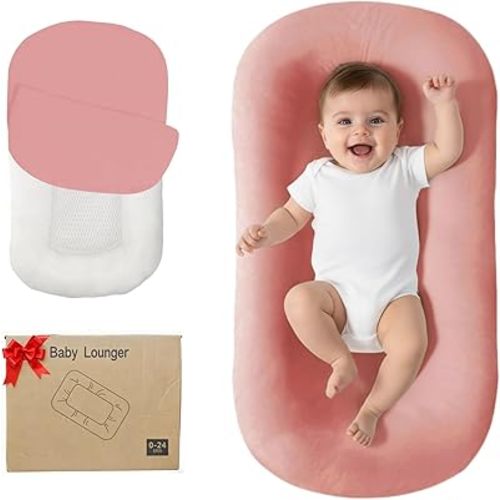 Lucakuins Baby Lounger, Bionic Design Baby Lounger for Newborn 0-24 Months, Soft Organic Cotton Breathable Lounger for Infants (Lovely Pink Lounger)