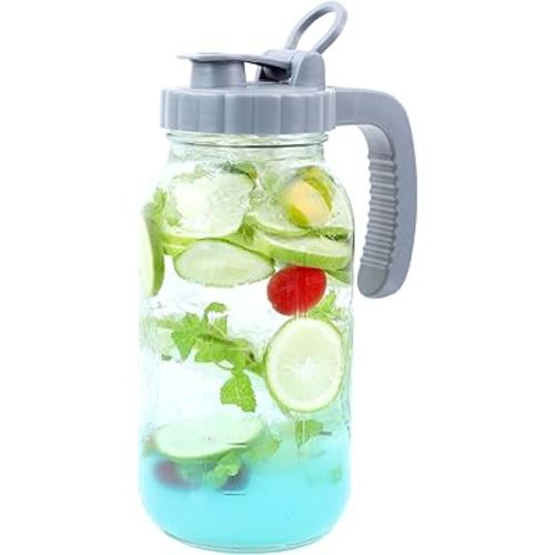 Mason Jar Pitcher 64 OZ Glass Pitcher With Pour Spout Lids Airtight Leak Proof 2 Quart Wide Mouth Water Pitcher With Handle And Flip Cap For Iced Tea, Milk, Sun Tea, Lemonade,Juice, Iced Coffee