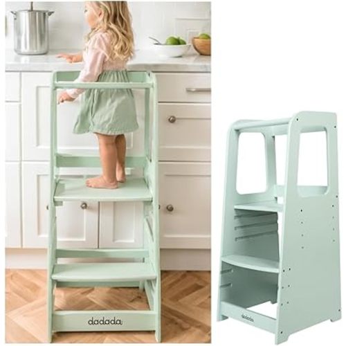 dadada Baby Montessori Toddler Tower - Adjustable Kitchen Step Stool for Kids with Safety Rail - Baby-Safe Finish, Encourages Cooking Skills and Independence - Sage