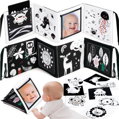 URMYWO Tummy Time Mirror Toys, High Contrast Black and White Baby Toys for Newborn, Baby Boy Girl Gifts, Visual Stimulation Learning Activity Cards, Soft Baby Book, Montessori Infant Toys 0-12 Months
