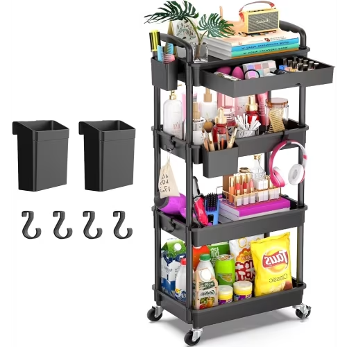 Yeabett 4 Tier Rolling Utility Cart Organizer with Removable Drawer, Mobile Storage Carts with 2 Lockable Wheels for Bathroom, Kitchen, Snack, Craft, Makeup, Baby Essentials, Black