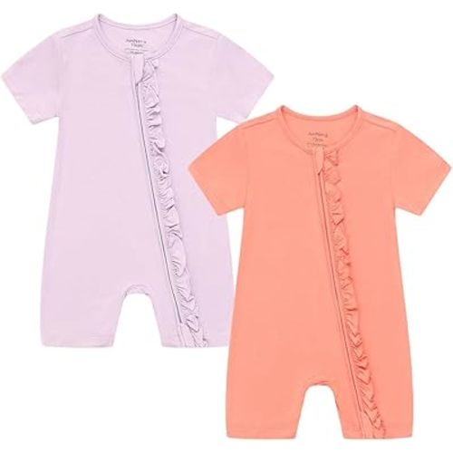 JunNeng Baby 2 Pack Rayon of Bamboo Romper Sleeper 2 Way Zipper Short Sleeve Jumpsuit Zipper Footless One-piece - 3-6 Months - Peach+purple