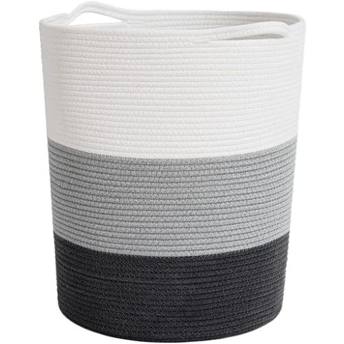INDRESSME 17¾ x 15¾ x 13¾ inches Grey Baby Laundry Basket Thread Cotton Rope Basket Toy Storage Basket Organizer Tall Woven Basket Blanket Storage Baby Laundry Nursery Hamper for Living Room Toy Gifts