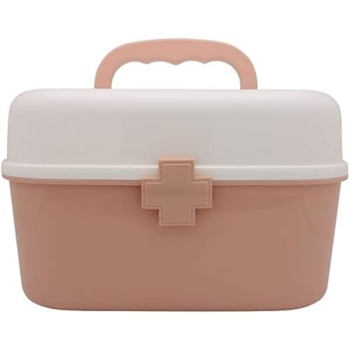 BangQiao Plastic First Aid Storage Box Container Bin with Removable Tray and Portable Handle, Family Emergency Medicine Kit Case Organizer, White&Pink