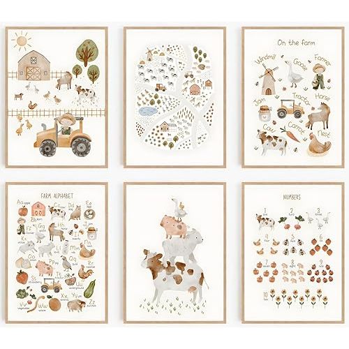 6 Pcs Farm Nursery Wall Art Kids Room Canvas Wall Decor Simple Alphabet Cute Animals Pictures Prints Posters for Farmhouse Kids Room Girls Boys Home Decoration (8x10 inch，Set of 6，Unframed)