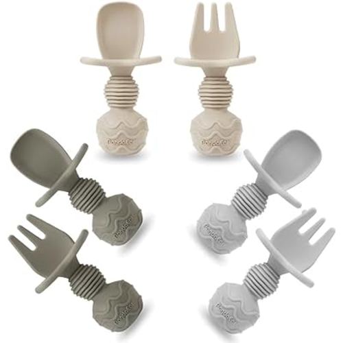 PandaEar 6 Pack Silicone Baby Spoons and Fork Feeding Set- Anti-Choke First Self Feeding Utensils for Baby Led Weaning Ages 3 Months