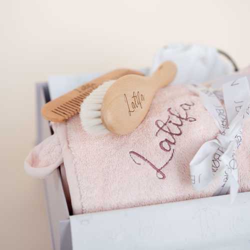 Personalized Baby Gift Set | Organic Cotton Towel, Wood Brush & Comb