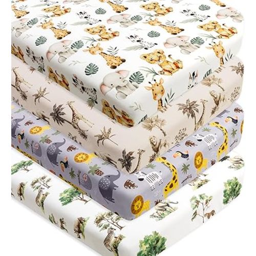 4 Pack Safari Jungle Animals Neutral Unisex Fitted Nursery Baby Sheets Set Toddler Mattress Sheets for Baby Boys or Girls (Crib Sheets)