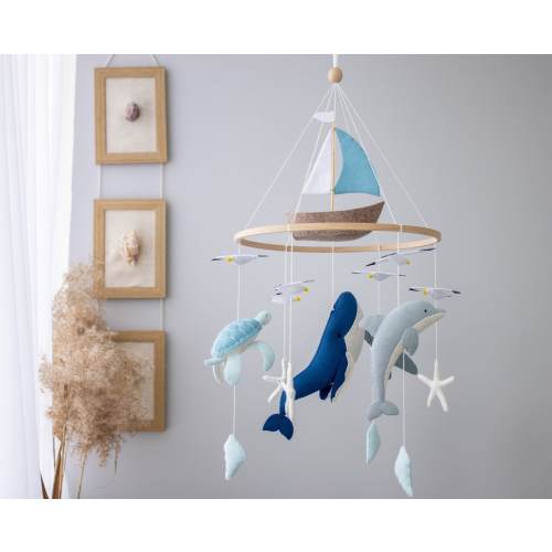 Ocean nursery baby mobile, Sailboat nursery decor, Blue Whale baby boy mobile, Sea life mobile, Felt crib mobile, Under the sea nursery