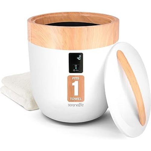 SereneLife Counter Towel Warmer Bucket - with Customized Fragrance for Spa and Bathroom, Luxury Heater, Auto Shut Off, Fits 1 Large Blanket, Bathrobe, PJs (Wood)