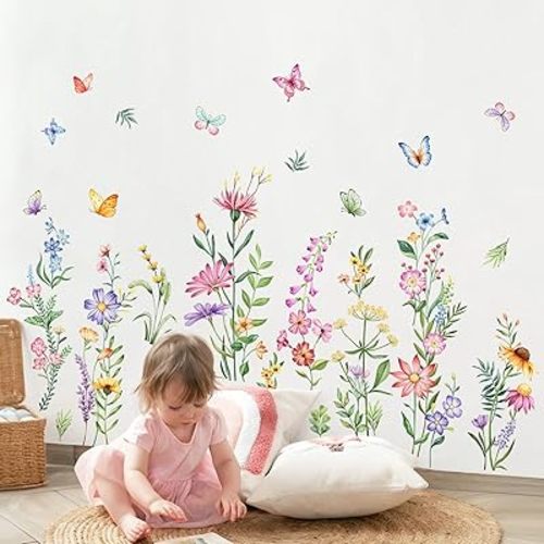 Flower Wall Decals Watercolor Wildflower Grass Butterflies Wall Stickers Peel and Stick Vinyl Decal for Girls Bedroom Living Room Home Office