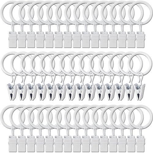 44 Pack Metal Curtain Rings with Clips, Drapery Clips with Rings, Drapes Rings 1 in I D, Fits Diameter 6/8 in Curtain Rod, White