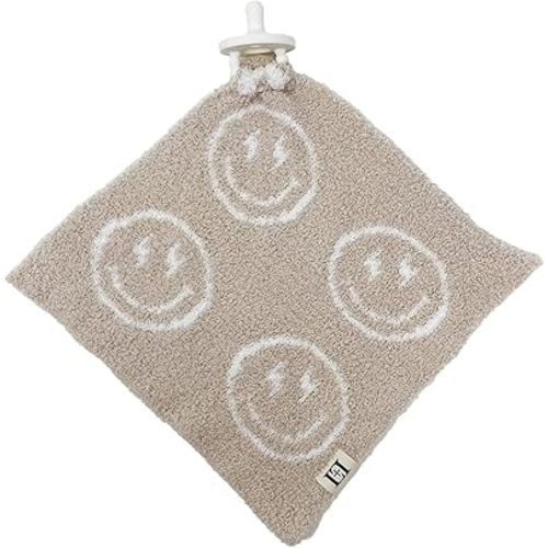 Smiley Face Lightning Bolt Baby Lovey Pacifier Holder 10"x10" - Cuddly Soft Knitted Reversible Mini Comfort Security Blanket - Newborn Gift Essential for Babies Boys and Girls (Tan/White)