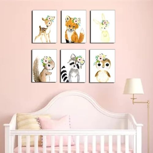 Woodland Watercolor Animals Nursery Wall Art Prints, 6 Pieces