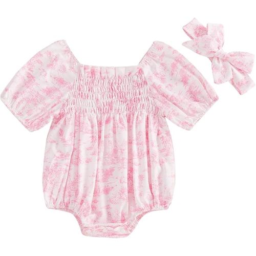 Infant Baby Girls Romper Floral Ruffle Sleeve Pleated Smocked Bubble One Piece Ruched Jumpsuit Summer Bodysuit