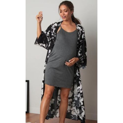 PinkBlush Black Floral Delivery/Nursing Long Maternity Robe
