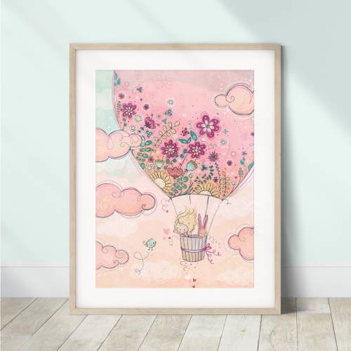 Bunny Hot Air Balloon Nursery Print | Whimsical Girls Room Wall Art