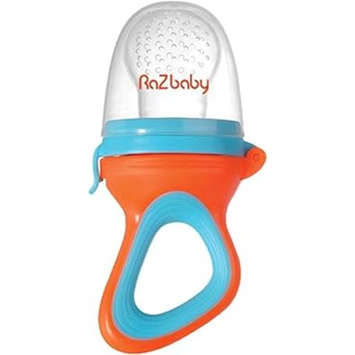 RaZbaby Baby Fruit Feeder/Food Feeder Pacifier, Infant Teething Toy Teether 6M+, Add Baby's Favorite Frozen Fruit or Fresh Food for Teething Relief, Silicone Pouch/Nipple, BPA Free, Orange/Blue