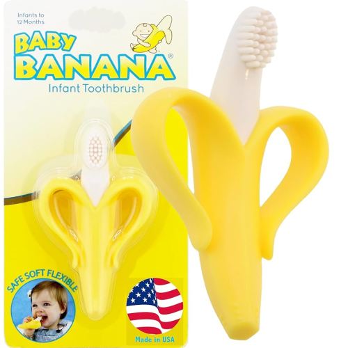 The Original Baby Banana Toothbrush Teether Toy, for Babies Infants Toddlers; USA Family-Owned Business; Teething Relief for Sore Gums, Massaging Soothing; Safest Food Grade Silicone