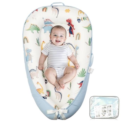 Baby Lounger - Baby Nest for Newborn, Breathable & Soft Organic Cotton Lounger, Portable Baby Lounger for Home & Travel, Ideal Newborn Essentials, Blue Dinosaur