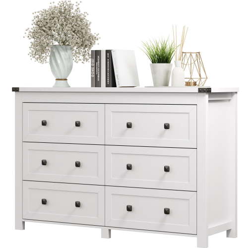 FANRAL Dresser for Bedroom with 6 Drawers,Wood Metal Handle Closet Storage Cabinet,Wide TV Stand Chests of Drawers,White Dresser