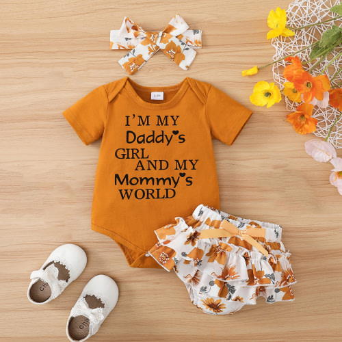 PatPat 3pcs Baby Girl 95% Cotton Short-Sleeve Letter Print Romper & Floral Print Layered Ruffled Shorts & Headband Set,0-18 Month