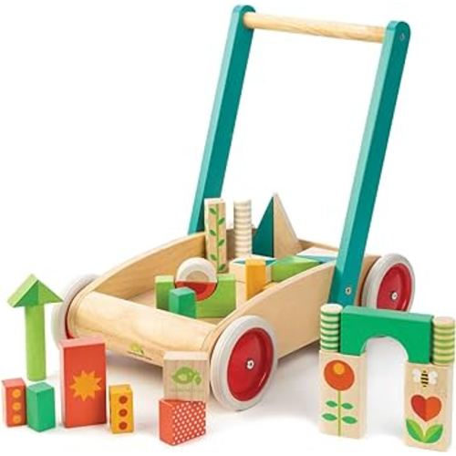 Tender Leaf Toys Baby Block Wooden Walker - Includes 29 Garden Themed Wooden Toy Blocks - Premium Quality Construction - Develops Balance, Strength & Creative Play - 18 Month +