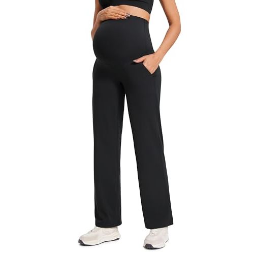 CRZ YOGA Women Butterluxe Maternity Wide Leg Pants with Pockets 31.5" - Over The Belly Workout Yoga Pants Pregnancy