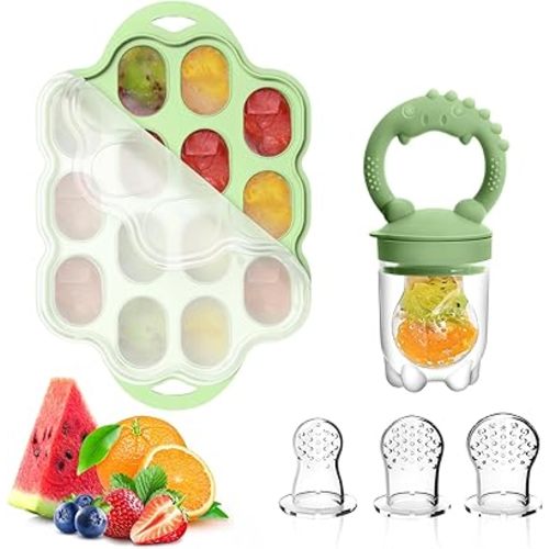 Silicone Baby Fruit Feeder & Breastmilk Popsicle Molds Freezer Tray with Lid, 2 Pack Baby Food Feeder to Introduce New Foods, Teething Relief, Self Feeding, Includes 6 Food Pacifiers (Green)