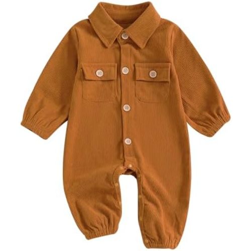 Karuedoo Newborn Baby Boy Girl Clothes Corduroy Long Sleeve Button Up Romper Jumpsuit Collared Bodysuit Fall Winter Outfit