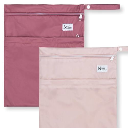 Nora's Nursery Wet Dry Bags with Two Zippered Pockets - Reusable and Washable for Swimming, Travel, Beach, Pool, Daycare, Cloth Diapers, Toiletries, and Wet Swimsuits - 11x15, Rose - 2-Pack