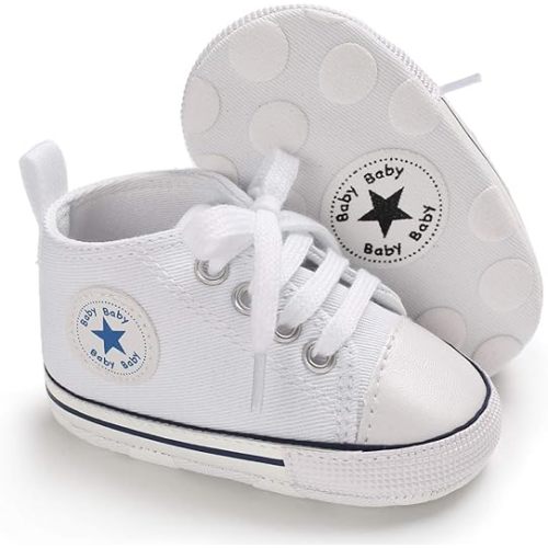 KIDSUN Unisex Baby Boys Girls High Top Sneaker Soft Anti-Slip Sole Newborn Infant First Walkers Canvas Denim Shoes - 6-12 Months Infant - A01-white