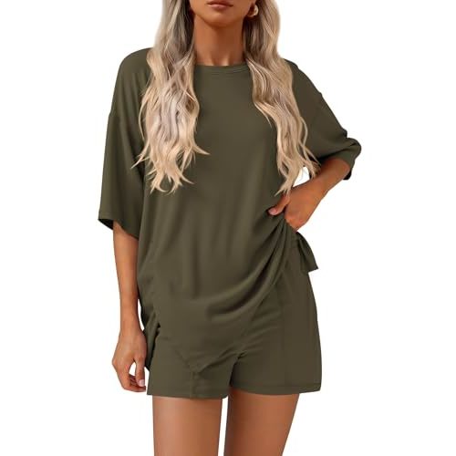 KIRUNDO 2 Piece Sets for Women Summer Lounge Sets Casual Oversized Tshirts Shorts Matching Airport Travel Outfits Postpartum