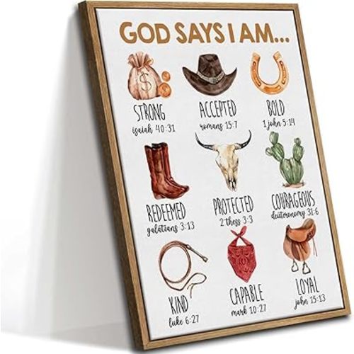 Framed Christian Nursery Canvas Wall Art God Says I Am Inspirational Bible Verses Western Cowboy Painting Pictures Wall Decor Posters Prints Artwork for Kids Girls Bedroom Playroom Baby Room