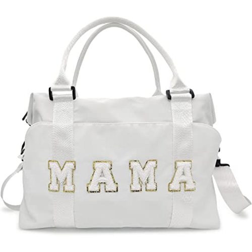 Chenille Letter Duffle Bag, Mama Bag With Patches, Nylon Chenille Letter Embroidered Travel Bag, Lightweight Adjustable Mom Hospital Bag With Zipper for Mothers Day Gifts