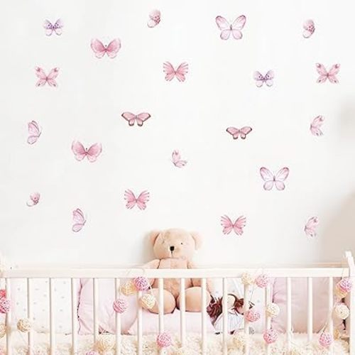 6 Sheets 36 Pcs Pink Butterfly Wall Stickers, sacinora DIY Watercolor Art Wall Decals Removable Vinyl Peel and Stick for Kids Baby Nursery Living Room Bedroom Playroom Sofa TV Background Decorations