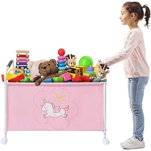 Large Toy Box Cart with Wheels, Sturdy Kids Toy Storage Organizer, Pink Toy Chest Storage Bins Baskets for Boys, Girls in Living Room, Nursery, Playroom, Bedroom, 2 Sections, Pink Unicorn