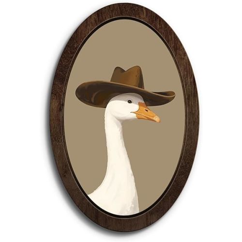 YZSLA Western Goose Wall Art，Vintage Goose with Cowboy Hat Oval Wooden Framed Wall Decor，Neutral Nursery Southeastern Boy Room Animal Wall art,15.74x10.23 In