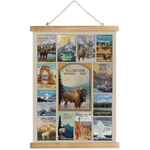MIDEFINCH Vintage Composite National Park Poster with Wooden Frame Wall Decor Retro National Park Patterns Printed on Linen Canvas Art for Bedroom Living Room Decor.(12 X 16 inches)
