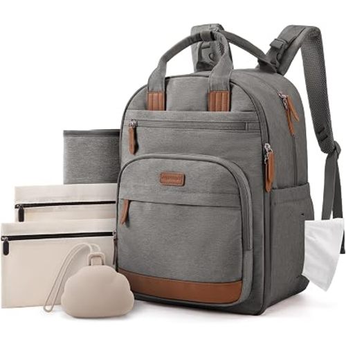 mommore Diaper Bag Backpack with Waterproof Changing Pad, Insulated Bottle Holders & Pacifier Case, Baby Diaper Bag with 2 Organizer Pouches, Stroller Straps, Dark Gray