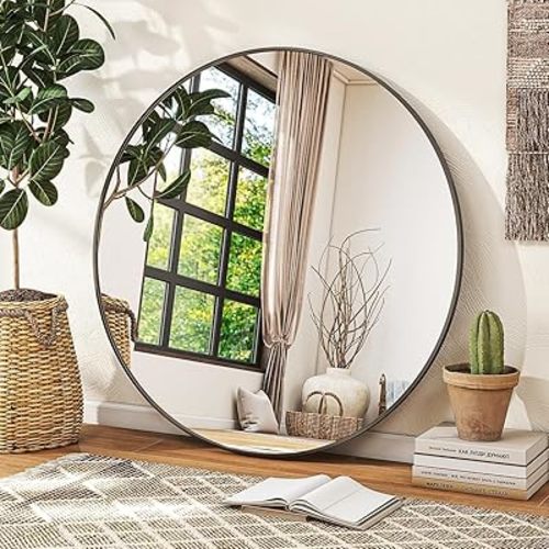 Black Round Mirror, 30 Inch Bathroom Mirror with Metal Frame, Wall Wall-Mounted for Entryway, Bathroom, Vanity, Living Room