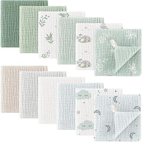 Bearmoss Muslin Baby Washcloths 100% Cotton Baby Bath Wash Cloth Ultra-Absorbent Burp Cloth Soft Baby Face Towel for Newborn Baby Boy and Girl, 10x10inch 12Pack(Forest)