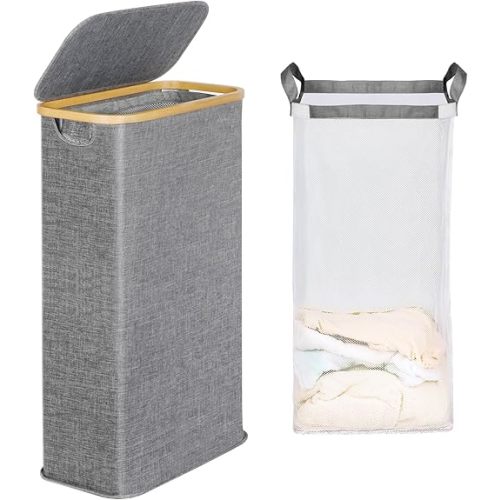 Slim Laundry Basket with Lid, Narrow Laundry Hamper with Removable Bag, Skinny Dirty Clothes Basket with Bamboo Handles for Bathroom, Bedroom & Laundry Room, 63L Ash Grey