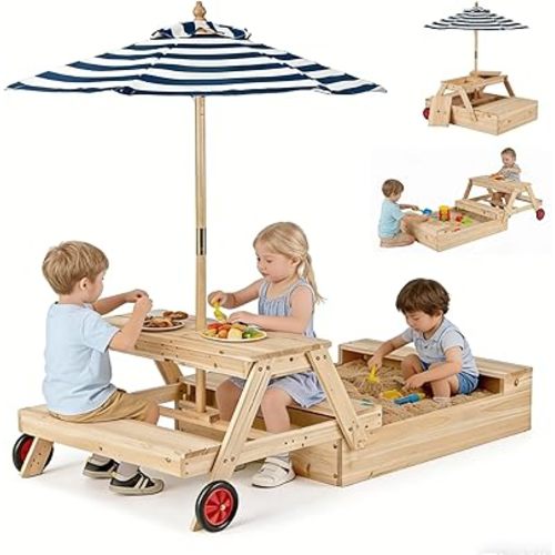 HONEY JOY Kids Picnic Table with Sandbox, Fir Wood Toddler Outdoor Table & Chair Set w/Wheels, Removable Umbrella & Sensory Bin, Children Convertible Outdoor Furniture for Backyard Patio Garden (Blue)