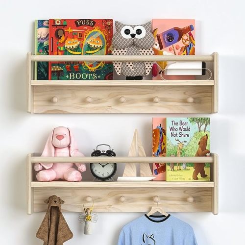 UPPZ 24 Inch Wall Bookshelf for Kids, Natural Wood Hanging Bookshelf for Kids Room, Set of 2 Nursery Floating Shelves for Bedroom, Living Room, Bathroom