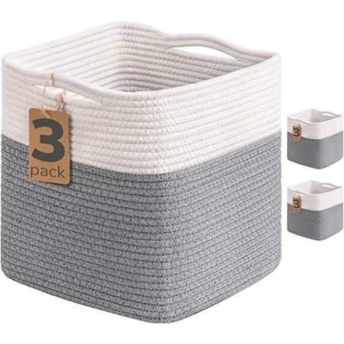 INDRESSME 11x11 Cube Storage Bins, 3-Pack Rope Woven Basket for Organizing Cube Toy Baskets Storage Kids, Square Baskets for Cloth Towel, Book Basket, Bathroom, White & Grey